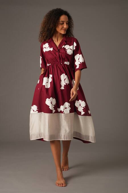 KHAT_Maroon Poplin Printed Flower Lapel Collar Dress _Online_at_Aza_Fashions