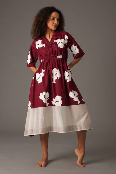 Shop_KHAT_Maroon Poplin Printed Flower Lapel Collar Dress _Online_at_Aza_Fashions