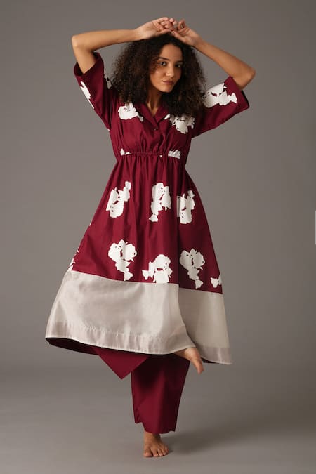 Shop Khat Maroon Chanderi Silk, Poplin Collared Flower Print Anarkali And Pant Set at Aza Fashions Shop_Khat_Maroon Chanderi Silk, Poplin Collared Flower Print Anarkali And Pant Set _at_Aza_Fashions