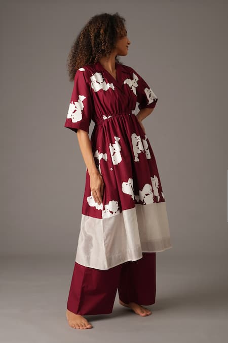 Khat Maroon Chanderi Silk, Poplin Collared Flower Print Anarkali And Pant Set Online at Aza Fashions Khat_Maroon Chanderi Silk, Poplin Collared Flower Print Anarkali And Pant Set _Online_at_Aza_Fashions