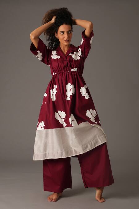 Buy Khat Maroon Chanderi Silk, Poplin Collared Flower Print Anarkali And Pant Set Online at Aza Fashions Buy_Khat_Maroon Chanderi Silk, Poplin Collared Flower Print Anarkali And Pant Set _Online_at_Aza_Fashions