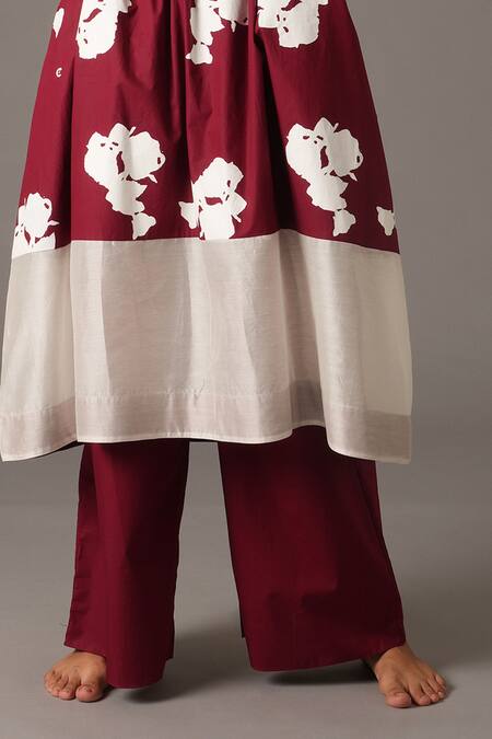 Shop Khat Maroon Chanderi Silk, Poplin Collared Flower Print Anarkali And Pant Set Online at Aza Fashions Shop_Khat_Maroon Chanderi Silk, Poplin Collared Flower Print Anarkali And Pant Set _Online_at_Aza_Fashions