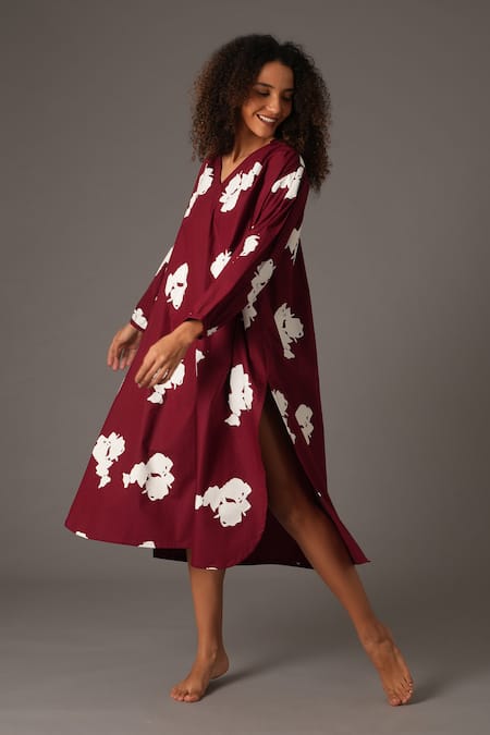 Khat_Maroon Cotton, Poplin Collared Garden Grace Print Dress _Online_at_Aza_Fashions