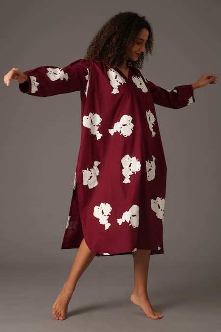 Buy_Khat_Maroon Cotton, Poplin Collared Garden Grace Print Dress _Online_at_Aza_Fashions