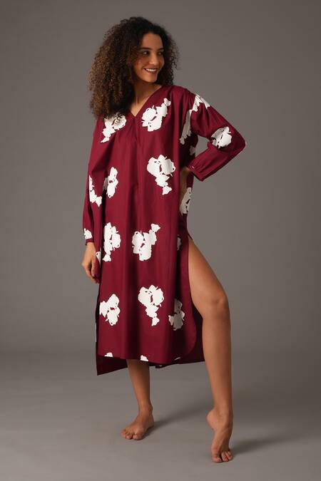 Khat_Maroon Cotton, Poplin Collared Garden Grace Print Dress _at_Aza_Fashions