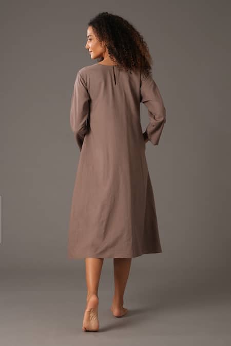 Shop_Khat_Grey Cotton Embroidery Round Neck Stitchline Thread Dress _at_Aza_Fashions