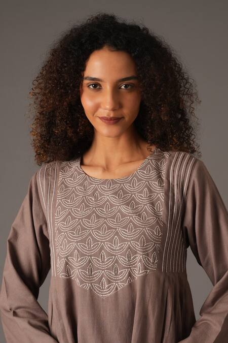 Buy_Khat_Grey Cotton Embroidery Round Neck Stitchline Thread Dress _Online_at_Aza_Fashions