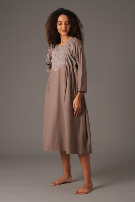 Shop_Khat_Grey Cotton Embroidery Round Neck Stitchline Thread Dress _Online_at_Aza_Fashions