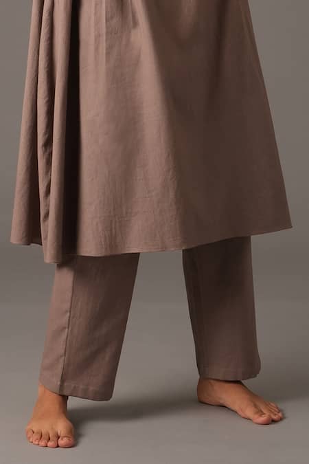 Buy_Khat_Grey Cotton Embroidery Round Neck Stitchline Thread Kurta And Pant Set _Online_at_Aza_Fashions