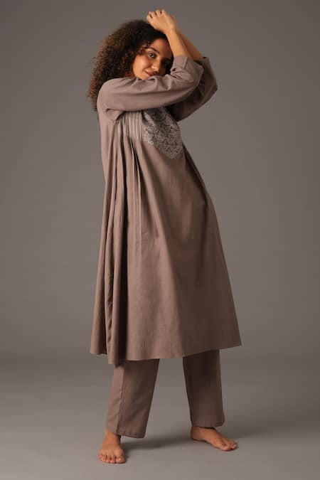 Shop_Khat_Grey Cotton Embroidery Round Neck Stitchline Thread Kurta And Pant Set _Online_at_Aza_Fashions