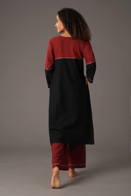 Shop Khat Red Cotton Round Neck Colorblock Placement Embroidered Dress at Aza Fashions Shop_Khat_Red Cotton Round Neck Colorblock Placement Embroidered Dress _at_Aza_Fashions