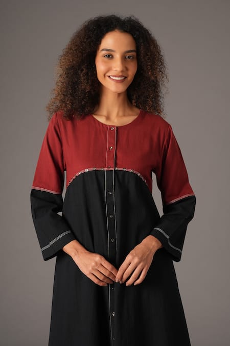 Khat_Red Cotton Round Neck Colorblock Placement Embroidered Dress _Online_at_Aza_Fashions