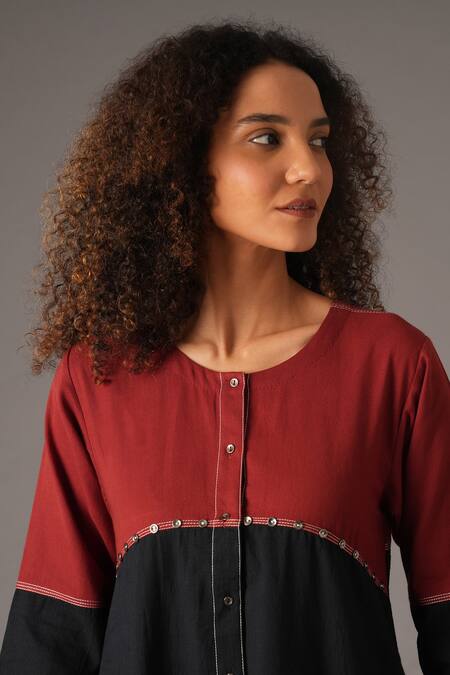 Buy_Khat_Red Cotton Round Neck Colorblock Placement Embroidered Dress _Online_at_Aza_Fashions