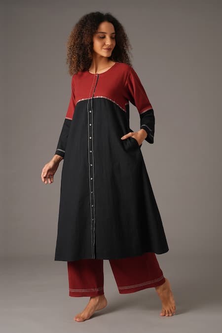 Khat_Red Cotton Embroidery Round Neck Placement Kurta And Flared Pant Set _Online_at_Aza_Fashions