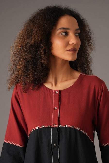 Shop_Khat_Red Cotton Embroidery Round Neck Placement Kurta And Flared Pant Set _Online_at_Aza_Fashions