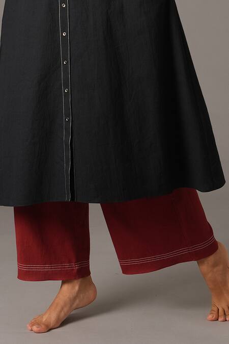 Khat_Red Cotton Embroidery Round Neck Placement Kurta And Flared Pant Set _at_Aza_Fashions