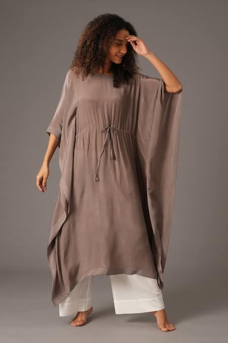 KHAT Grey Crepe Silk Embroidery Stitchline Thread Round Border Kaftan And Pant Set 