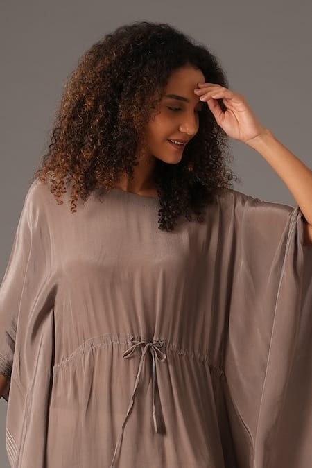 Khat_Grey Crepe, Silk Embroidery Round Stitchline Thread Border Kaftan And Pant Set _Online_at_Aza_Fashions