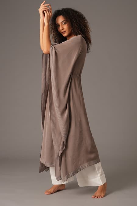 Shop_Khat_Grey Crepe, Silk Embroidery Round Stitchline Thread Border Kaftan And Pant Set _Online_at_Aza_Fashions