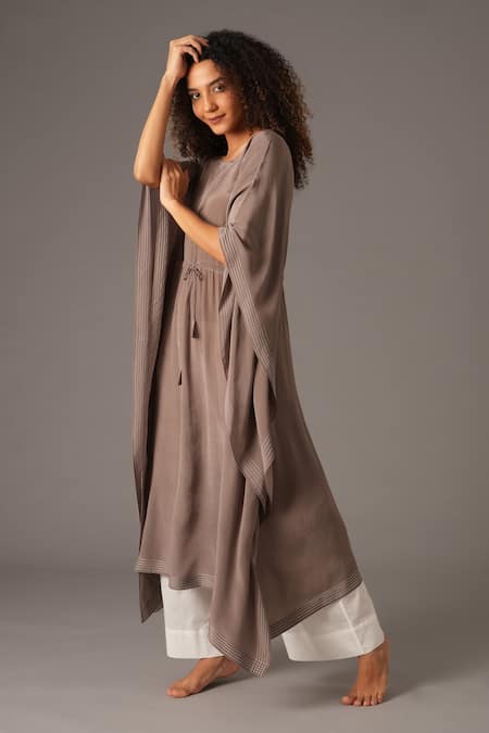 Khat_Grey Crepe, Silk Embroidery Round Stitchline Thread Border Kaftan And Pant Set _at_Aza_Fashions