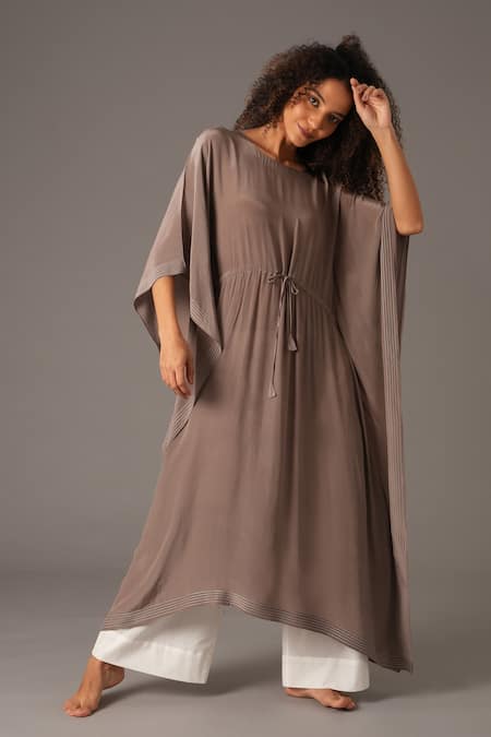 Buy_Khat_Grey Crepe, Silk Embroidery Round Stitchline Thread Border Kaftan And Pant Set 