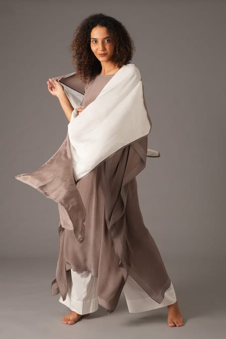 Khat_Grey Crepe, Silk Embroidery Round Neck Stitchline Thread Border Kaftan Pant Set _Online_at_Aza_Fashions