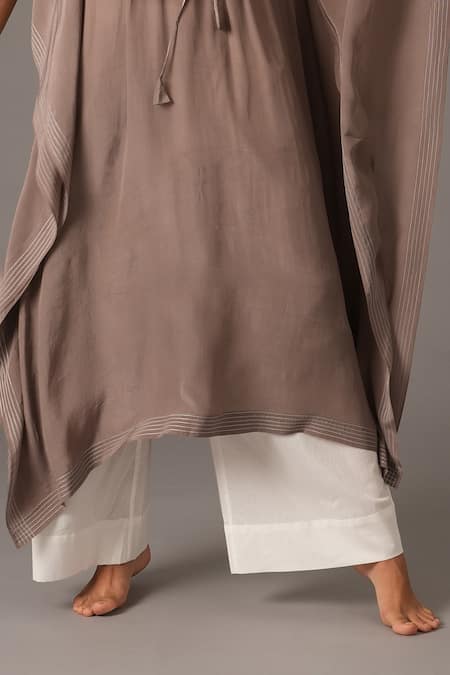 Buy_Khat_Grey Crepe, Silk Embroidery Round Neck Stitchline Thread Border Kaftan Pant Set _Online_at_Aza_Fashions