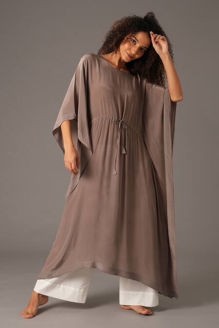 Shop_Khat_Grey Crepe, Silk Embroidery Round Neck Stitchline Thread Border Kaftan Pant Set _Online_at_Aza_Fashions