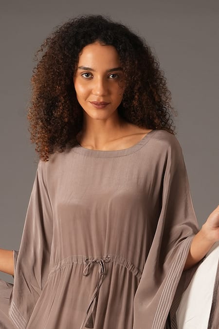 Khat_Grey Crepe, Silk Embroidery Round Neck Stitchline Thread Border Kaftan Pant Set _at_Aza_Fashions