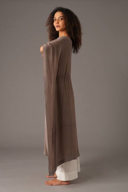 Buy_Khat_Grey Crepe, Silk Embroidery Round Neck Stitchline Thread Border Kaftan Pant Set 