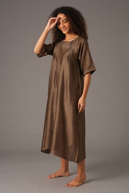 Khat_Green Chanderi Silk Boat Neck Dress _Online_at_Aza_Fashions