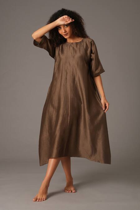 Buy_Khat_Green Chanderi Silk Boat Neck Dress _Online_at_Aza_Fashions