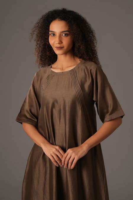 Shop_Khat_Green Chanderi Silk Boat Neck Dress _Online_at_Aza_Fashions