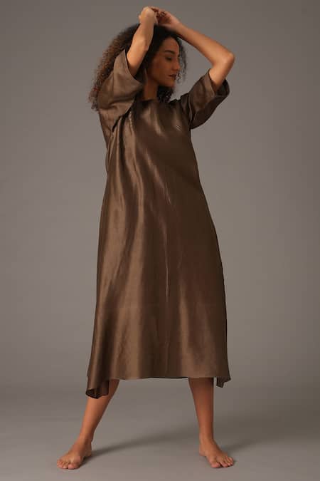 Khat_Green Chanderi Silk Boat Neck Dress _at_Aza_Fashions