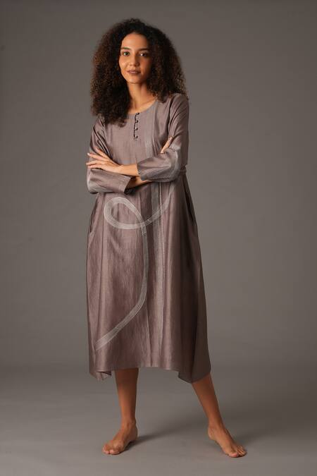 Buy_Khat_Grey Chanderi Silk Embroidery Round Neck Placement Dress _Online_at_Aza_Fashions