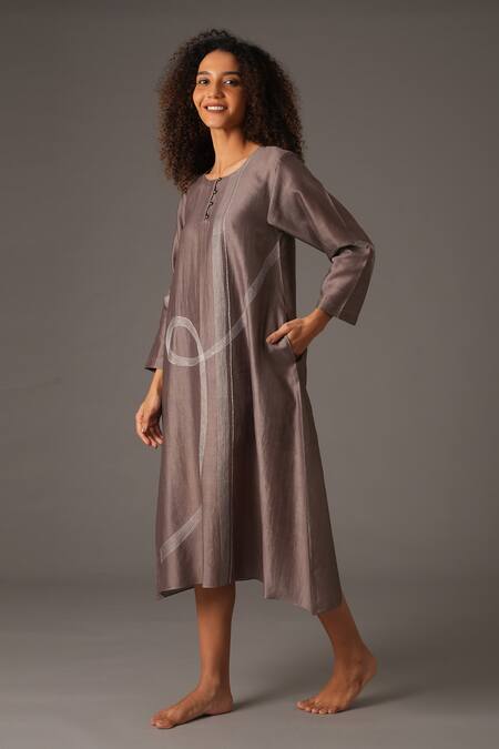 Khat_Grey Chanderi Silk Embroidery Round Neck Placement Dress _at_Aza_Fashions