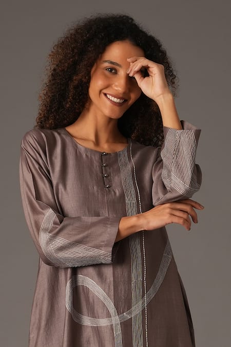 Shop_Khat_Grey Chanderi Silk Embroidery Round Neck Placement Kurta And Pant Set _Online_at_Aza_Fashions