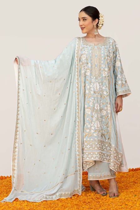 Daljit Sudan_Blue Crepe, Georgette Embroidery Split V-neck Floral Jaal Kurta Pant Set _Online_at_Aza_Fashions