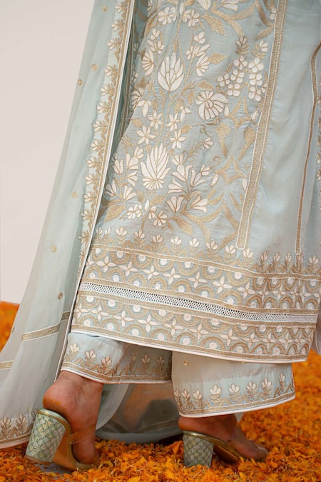 Shop_Daljit Sudan_Blue Crepe, Georgette Embroidery Split V-neck Floral Jaal Kurta Pant Set _Online_at_Aza_Fashions