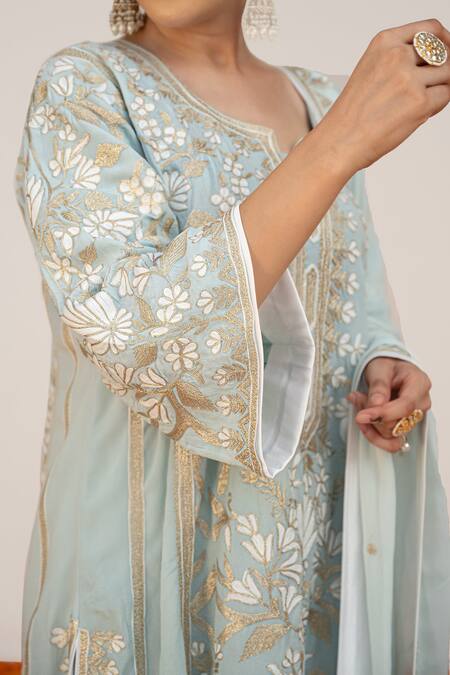 Daljit Sudan_Blue Crepe, Georgette Embroidery Split V-neck Floral Jaal Kurta Pant Set _at_Aza_Fashions