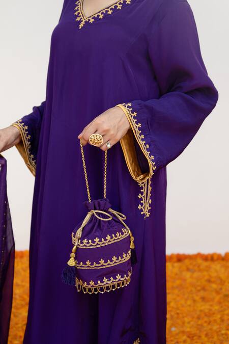 Shop_Daljit Sudan_Purple Crepe, Organza Embroidery V-neck Floral Vine Border Kurta Pant Set _Online_at_Aza_Fashions