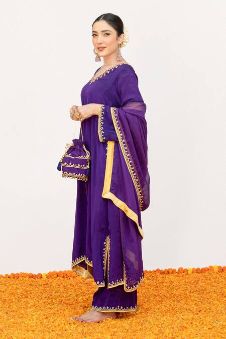 Daljit Sudan_Purple Crepe, Organza Embroidery V-neck Floral Vine Border Kurta Pant Set _at_Aza_Fashions