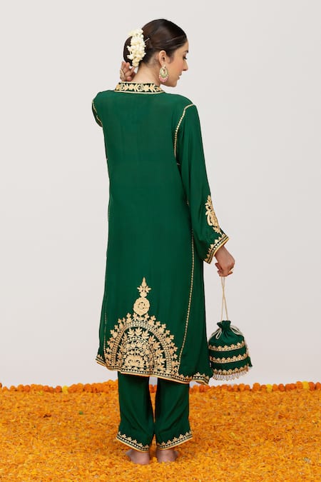 Shop_Daljit Sudan_Green Crepe Embroidery, Tassels Mandarin Collar Mandala Kurta Pant Set _at_Aza_Fashions