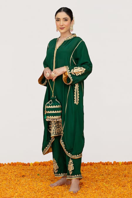 Daljit Sudan_Green Crepe Embroidery, Tassels Mandarin Collar Mandala Kurta Pant Set _Online_at_Aza_Fashions