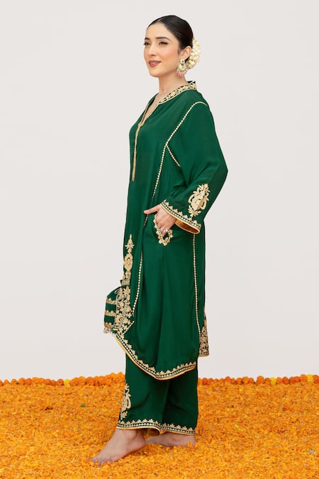 Buy_Daljit Sudan_Green Crepe Embroidery, Tassels Mandarin Collar Mandala Kurta Pant Set _Online_at_Aza_Fashions