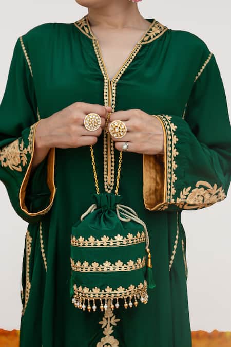 Daljit Sudan_Green Crepe Embroidery, Tassels Mandarin Collar Mandala Kurta Pant Set _at_Aza_Fashions