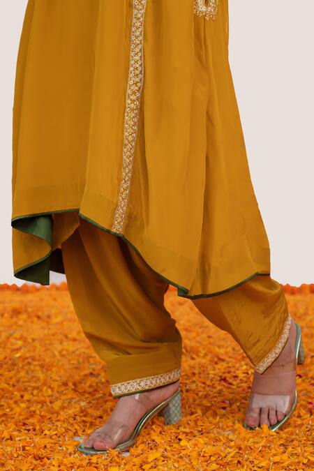 Shop_Daljit Sudan_Yellow Crepe Embroidery Mandarin Collar Floral Jaali Kurta With Pant _Online_at_Aza_Fashions