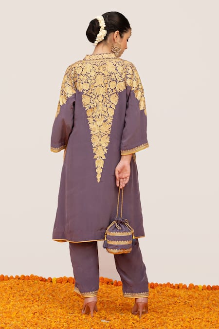 Shop_Daljit Sudan_Purple Crepe Embroidery Mandarin Collar Floral Jaal Aari Kurta Pant Set _at_Aza_Fashions