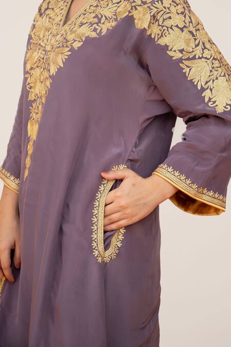 Shop_Daljit Sudan_Purple Crepe Embroidery Mandarin Collar Floral Jaal Aari Kurta Pant Set _Online_at_Aza_Fashions