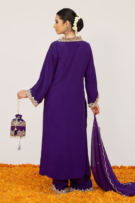 Shop Daljit Sudan Purple Crepe, Organza Embroidery, Sequins V-neck Paisley Vine Kurta Pant Set at Aza Fashions Shop_Daljit Sudan_Purple Crepe, Organza Embroidery, Sequins V-neck Paisley Vine Kurta Pant Set _at_Aza_Fashions